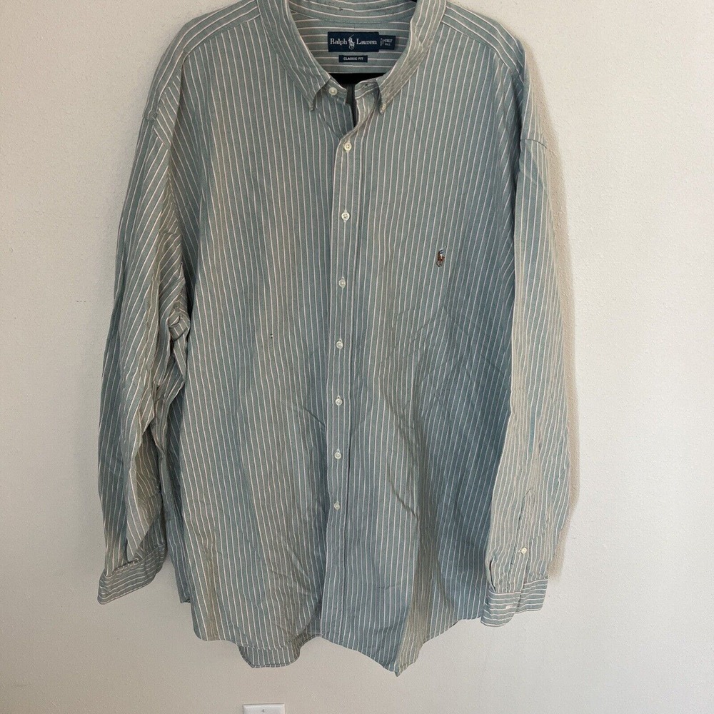 Ralph Lauren Shirt Men 4XLT Big Tall Classic Fit Green White Stripe Button Down